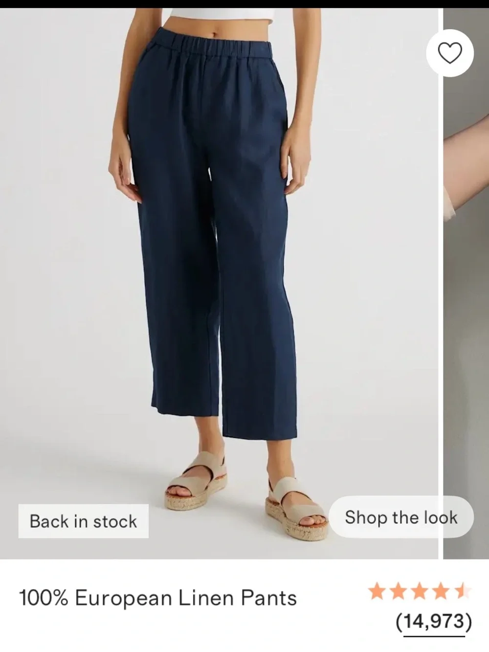 Navy Linen Wide-Leg Elastic Waist Pants